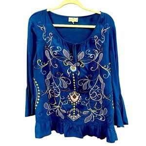 Grand & Greene Navy Blue Embroidered Ruffle Top Size Large